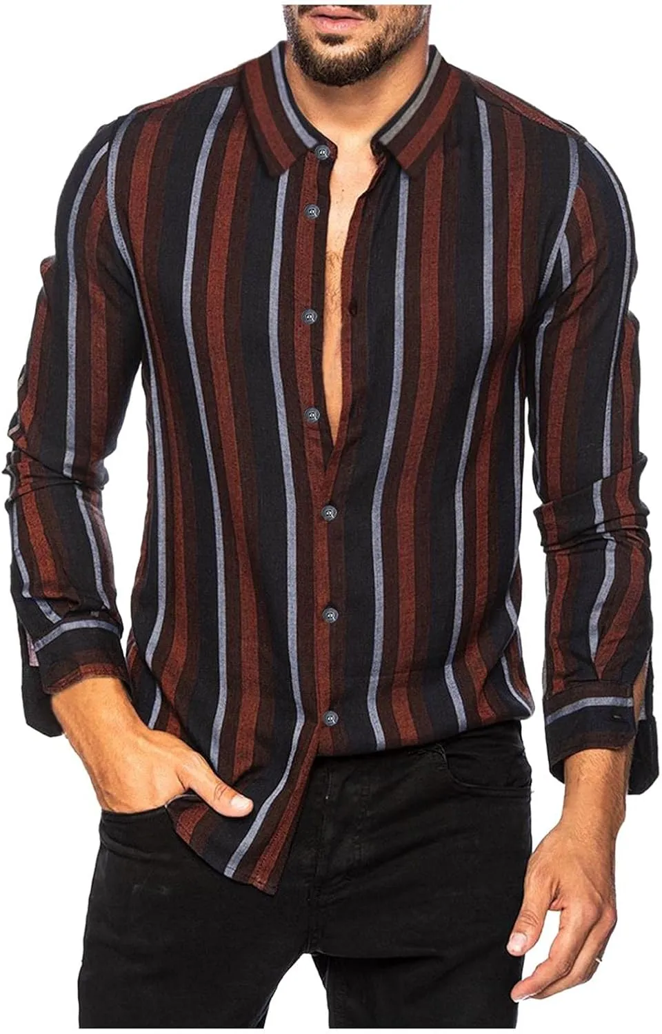 Mens Vertical Striped Button Down Dress Shirts Long Sleeve Casual Comfort Slim Fit Business Stretch Oxford Shirts