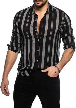 Mens Vertical Striped Button Down Dress Shirts Long Sleeve Casual Comfort Slim Fit Business Stretch Oxford Shirts