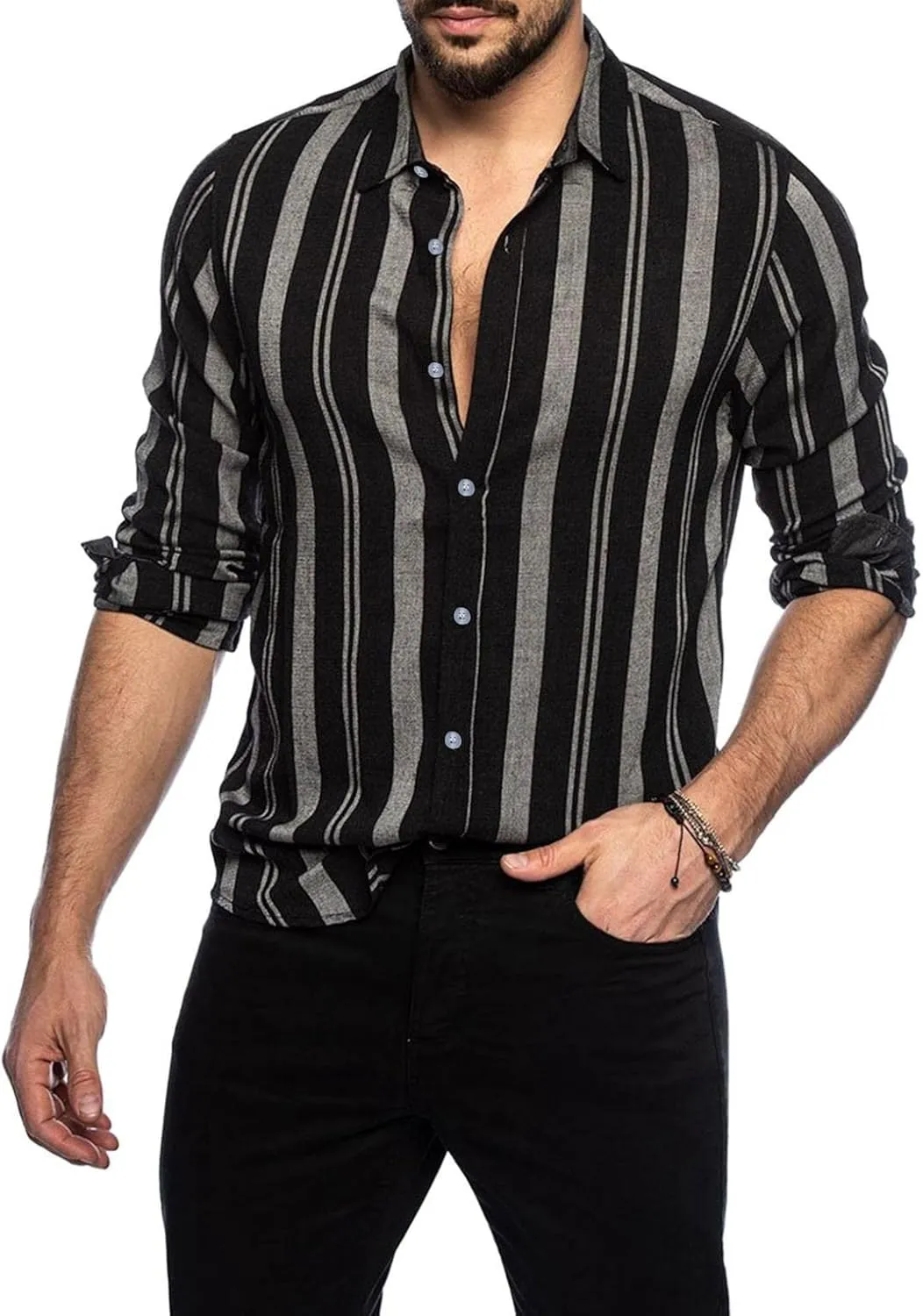 Mens Vertical Striped Button Down Dress Shirts Long Sleeve Casual Comfort Slim Fit Business Stretch Oxford Shirts