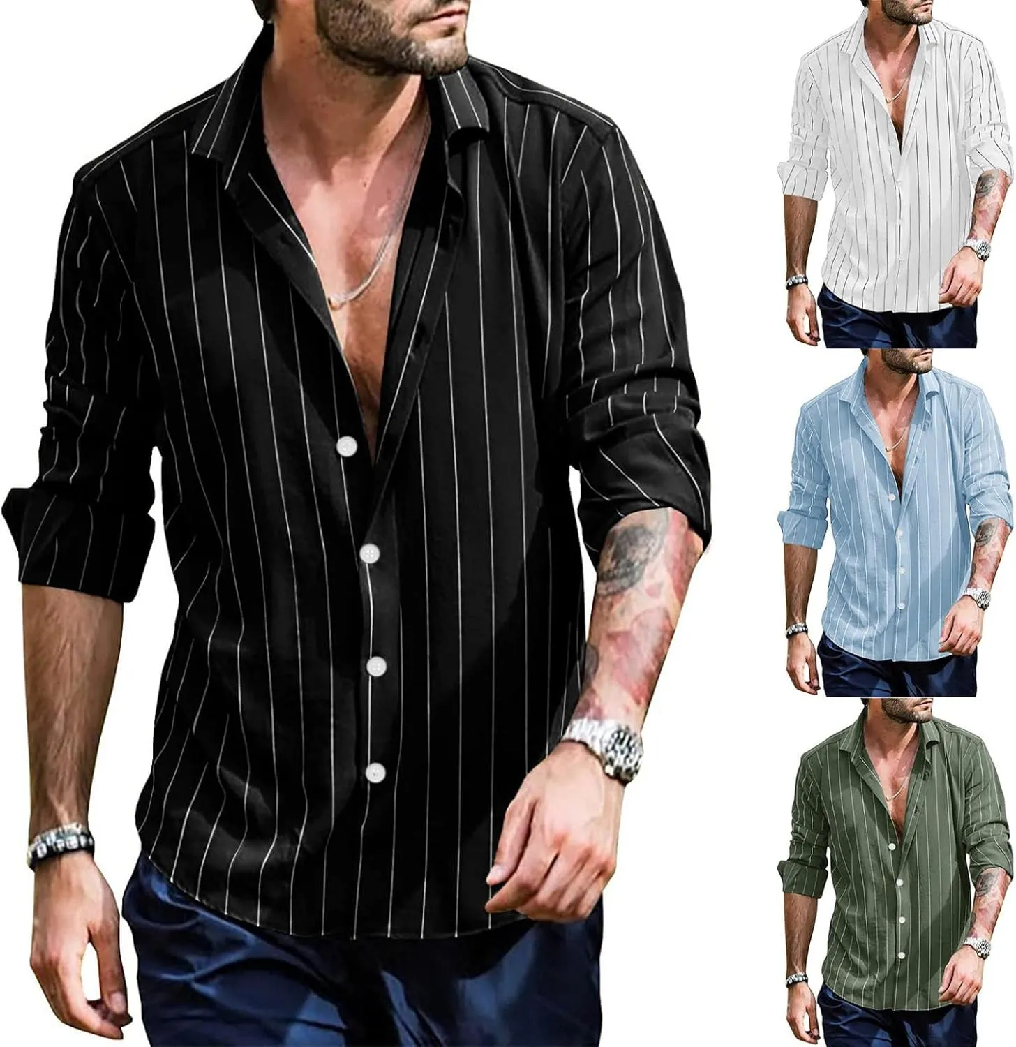Mens Vertical Striped Dress Shirt Long Sleeve Lightweight Button Down Poplin Shirts Hippie Casual Snap Oxford Shirt