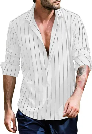 Mens Vertical Striped Dress Shirt Long Sleeve Lightweight Button Down Poplin Shirts Hippie Casual Snap Oxford Shirt