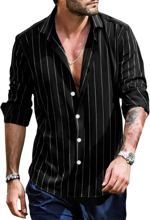 Mens Vertical Striped Dress Shirt Long Sleeve Lightweight Button Down Poplin Shirts Hippie Casual Snap Oxford Shirt