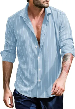 Mens Vertical Striped Dress Shirt Long Sleeve Lightweight Button Down Poplin Shirts Hippie Casual Snap Oxford Shirt