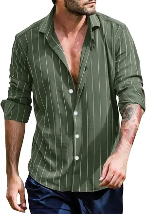 Mens Vertical Striped Dress Shirt Long Sleeve Lightweight Button Down Poplin Shirts Hippie Casual Snap Oxford Shirt
