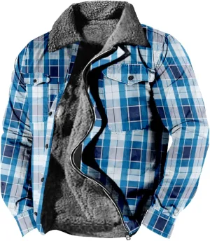 Mens Vintage Checkered Anorak Jackets Winter Warm Sherpa Lined Outdoor Trucker Shackets Cowboy Western Fleece Jackets