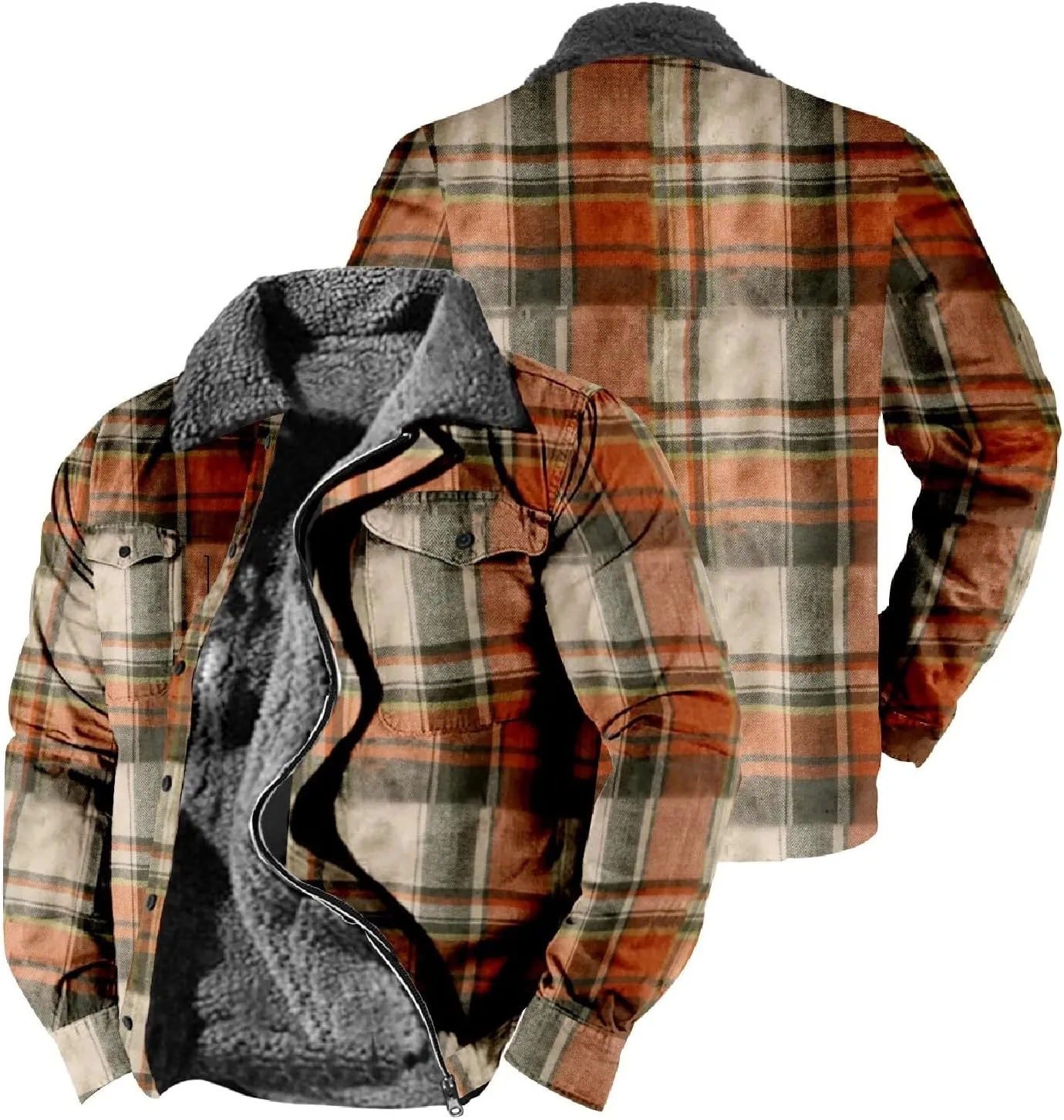 Mens Vintage Checkered Anorak Jackets Winter Warm Sherpa Lined Outdoor Trucker Shackets Cowboy Western Fleece Jackets