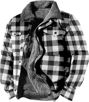 Mens Vintage Checkered Anorak Jackets Winter Warm Sherpa Lined Outdoor Trucker Shackets Cowboy Western Fleece Jackets