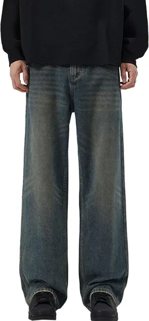 Men's Vintage Hip Hop Denim Pants Classic Straight Leg Male Cargo Trouser Loose Fit Relaxed Fit Retro Jeans