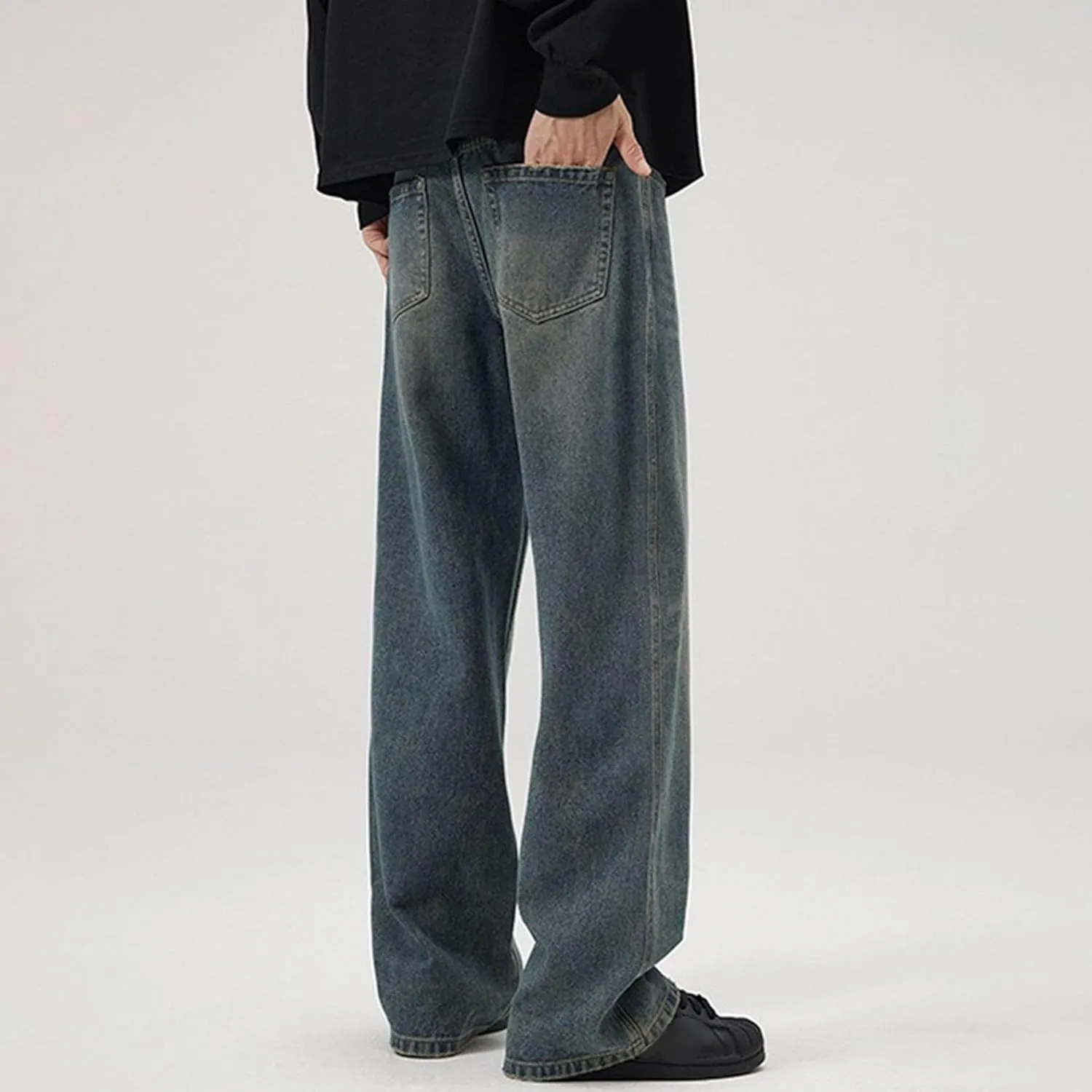 Men's Vintage Hip Hop Denim Pants Classic Straight Leg Male Cargo Trouser Loose Fit Relaxed Fit Retro Jeans
