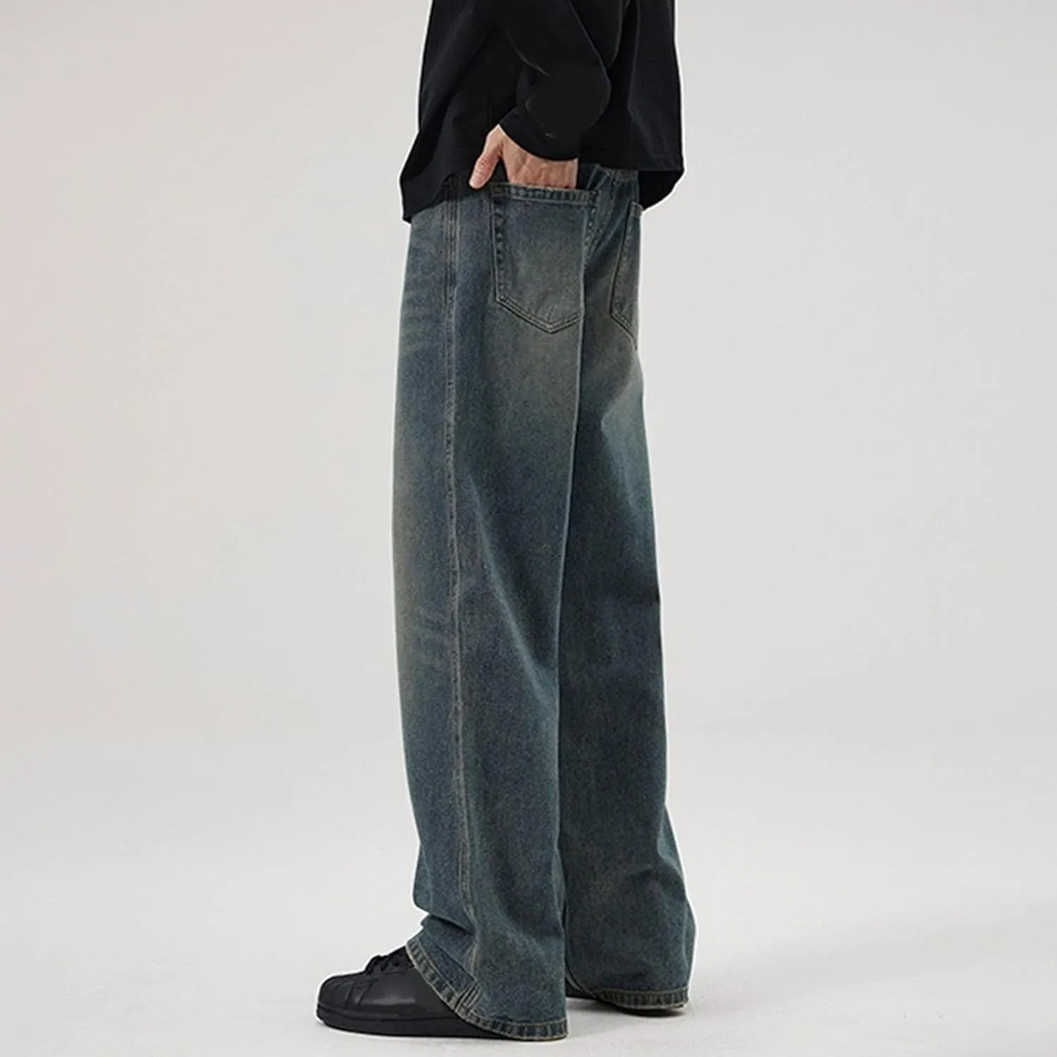 Men's Vintage Hip Hop Denim Pants Classic Straight Leg Male Cargo Trouser Loose Fit Relaxed Fit Retro Jeans