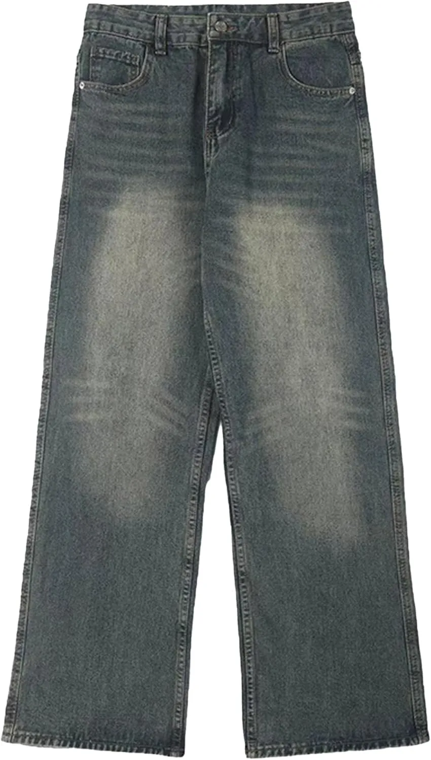 Men's Vintage Hip Hop Denim Pants Classic Straight Leg Male Cargo Trouser Loose Fit Relaxed Fit Retro Jeans