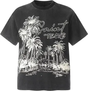 Men's Vintage Hip Hop Portrait Print T-Shirt Oversize Washed Cotton Crewneck Rapper Short Sleeve Top