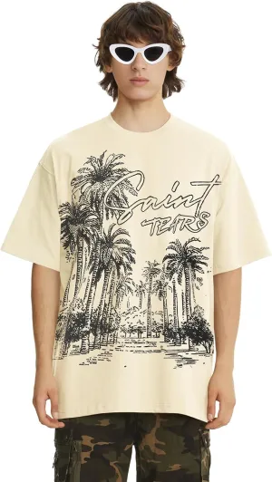 Men's Vintage Hip Hop Portrait Print T-Shirt Oversize Washed Cotton Crewneck Rapper Short Sleeve Top