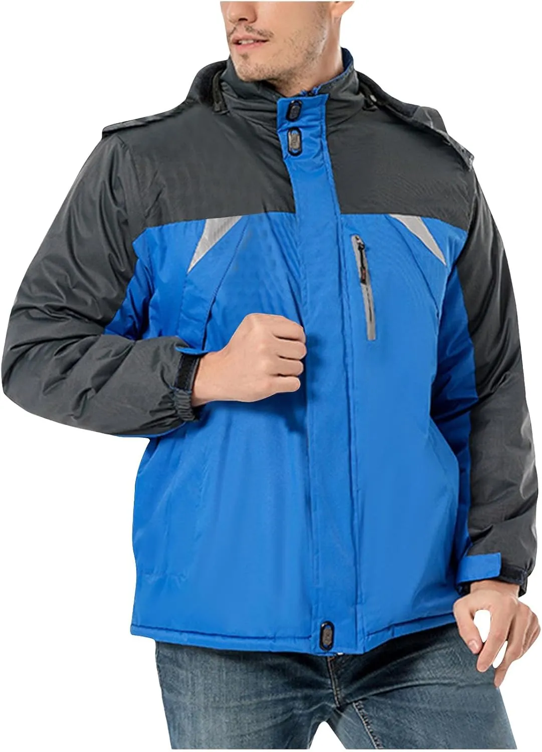 Mens Waterproof Rain Jacket Outdoor Warm Fleece Detachable Hood Windbreaker Plus Size Color Block Coats with Pockets