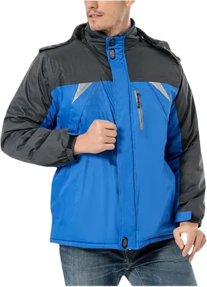 Mens Waterproof Rain Jacket Outdoor Warm Fleece Detachable Hood Windbreaker Plus Size Color Block Coats with Pockets
