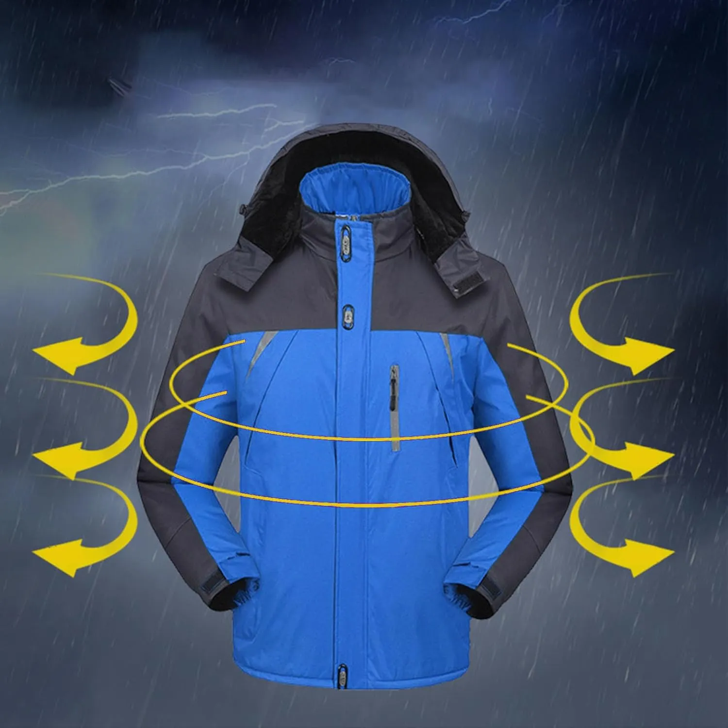 Mens Waterproof Rain Jacket Outdoor Warm Fleece Detachable Hood Windbreaker Plus Size Color Block Coats with Pockets