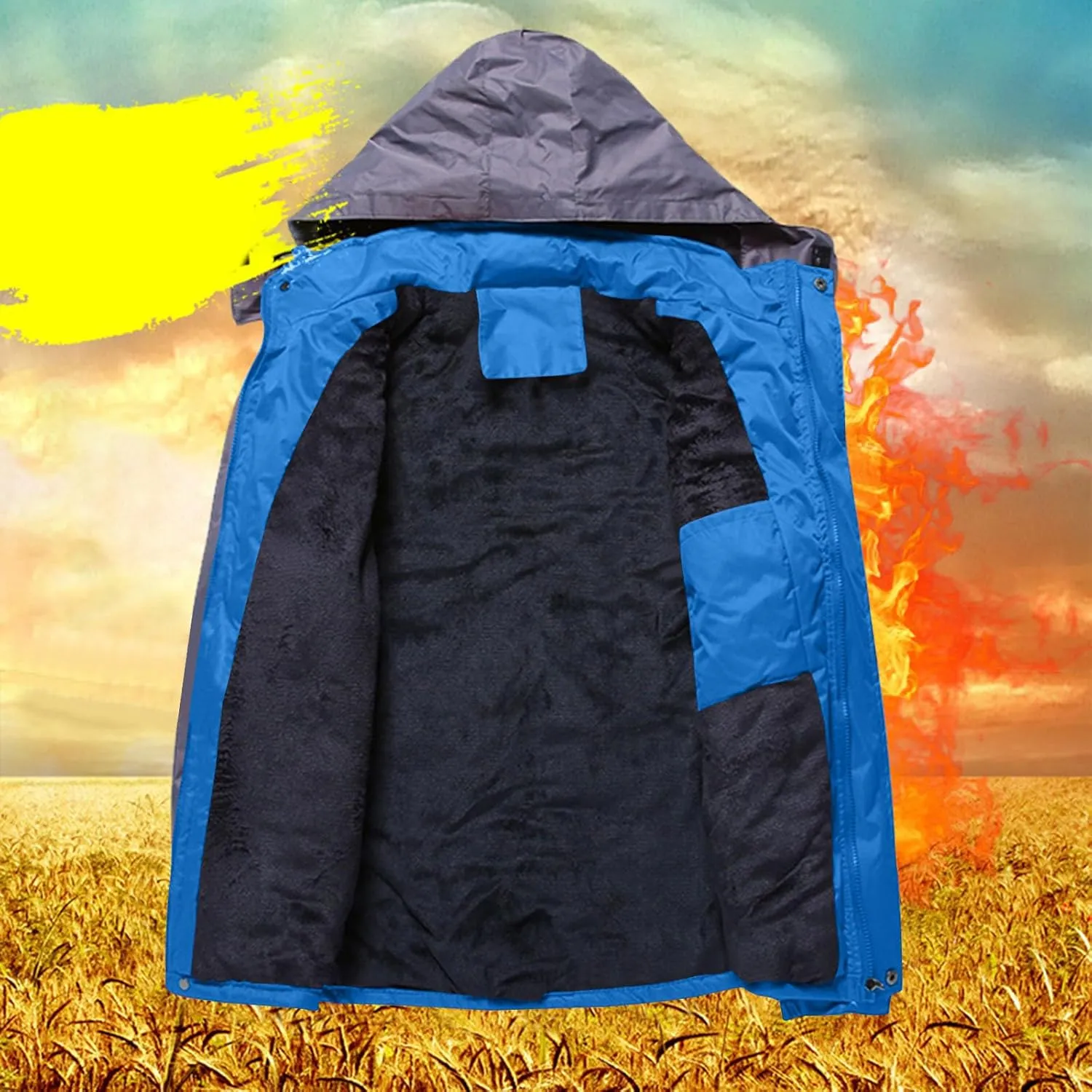 Mens Waterproof Rain Jacket Outdoor Warm Fleece Detachable Hood Windbreaker Plus Size Color Block Coats with Pockets