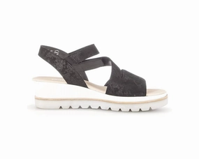 Women's Leather Wedge Sandals In Black Metallic Cozy Mood Air Lifted
