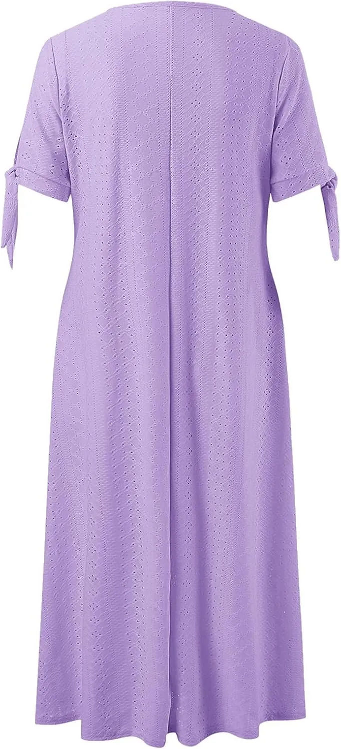 Midi Dresses for Women,Casual Short Sleeve Crewneck Shirt Dress Aline Swing Flowy Tiered Maxi Beach Long Dresses
