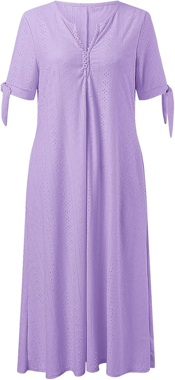 Midi Dresses for Women,Casual Short Sleeve Crewneck Shirt Dress Aline Swing Flowy Tiered Maxi Beach Long Dresses