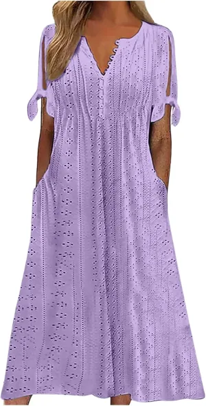 Midi Dresses for Women,Casual Short Sleeve Crewneck Shirt Dress Aline Swing Flowy Tiered Maxi Beach Long Dresses
