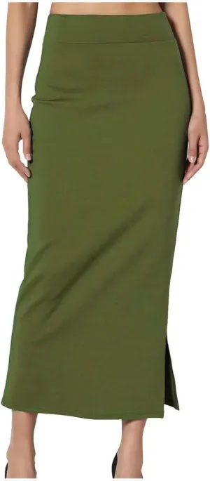 Midi Pencil Basic Skirt for Women Side Slit High Waist Stretchy Casual Bodycon Length Skirts Ponte Calf Long Skirt