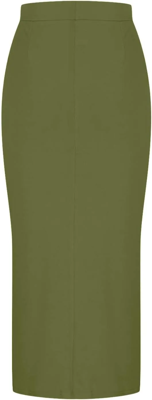 Midi Pencil Basic Skirt for Women Side Slit High Waist Stretchy Casual Bodycon Length Skirts Ponte Calf Long Skirt