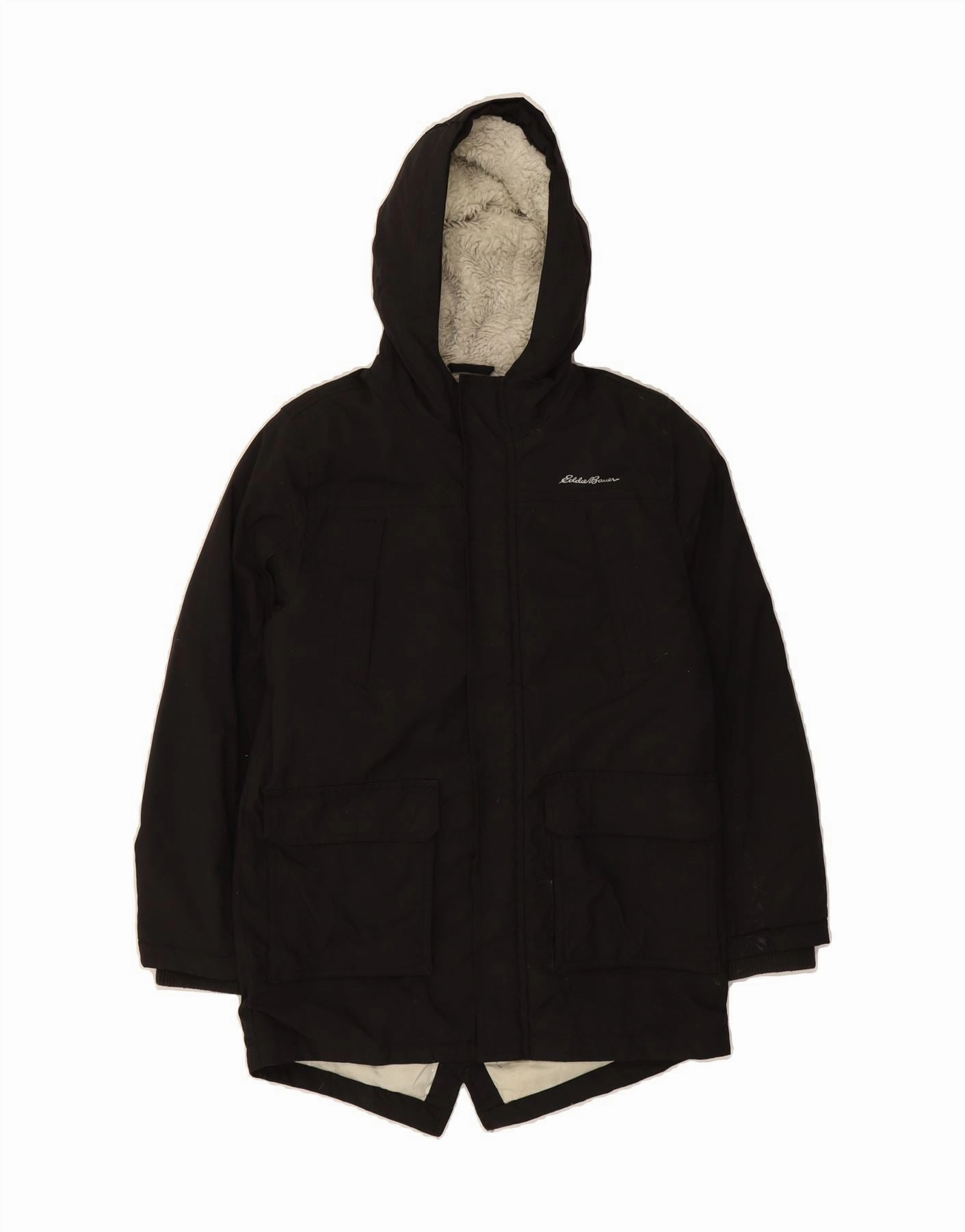 EDDIE BAUER Boys Hooded Parka Jacket 10-11 Years Medium Black Nylon Interchangeable Collar System