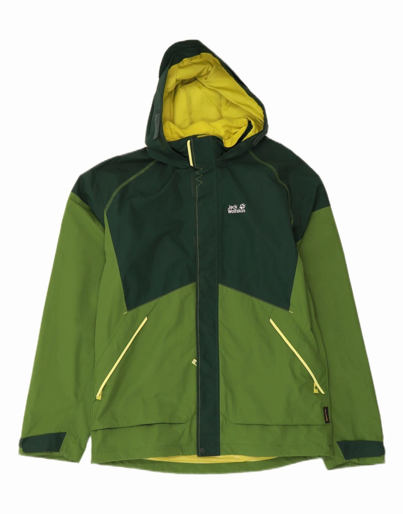 City Explorer JACK WOLFSKIN Boys Hooded Rain Jacket 15-16 Years Green Colourblock