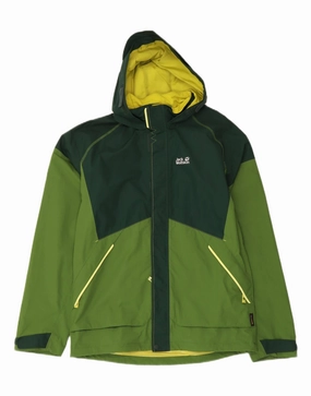 City Explorer JACK WOLFSKIN Boys Hooded Rain Jacket 15-16 Years Green Colourblock