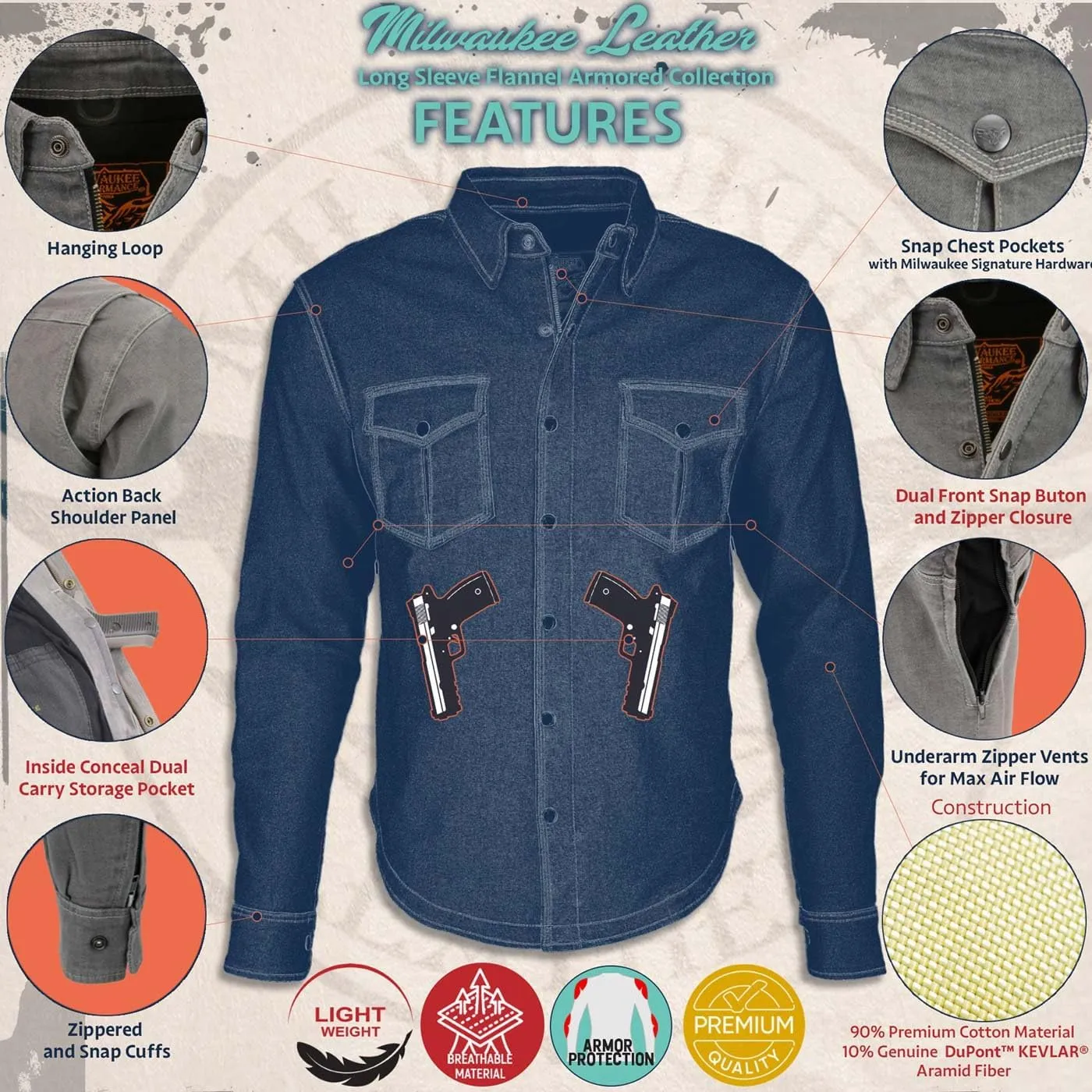 Milwaukee Leather Performance MPM1630 Men's Armored Checkered Flannel Shirt Aramid DuPont Fibers