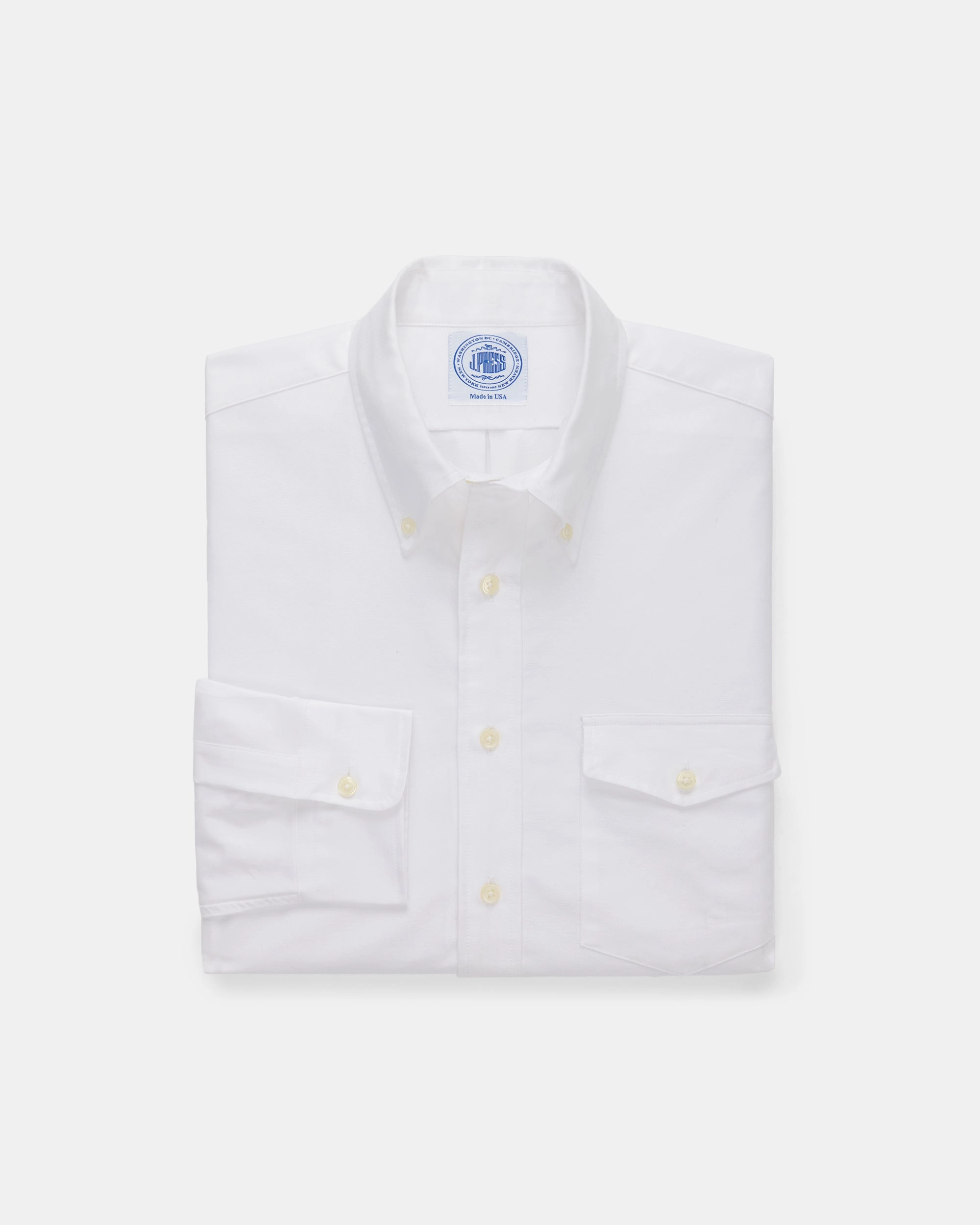 Made-in-USA Flap Pocket White Oxford Cloth Button Down Shirt - Regular Fit Textured Finish