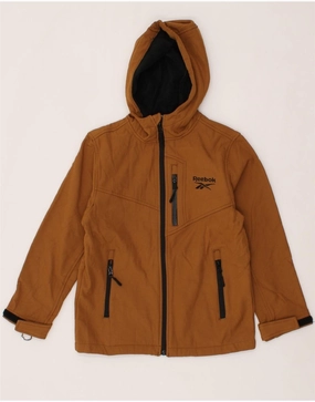 REEBOK Boys Hooded Windbreaker Jacket 7-8 Years Small Brown Spandex Fashionable