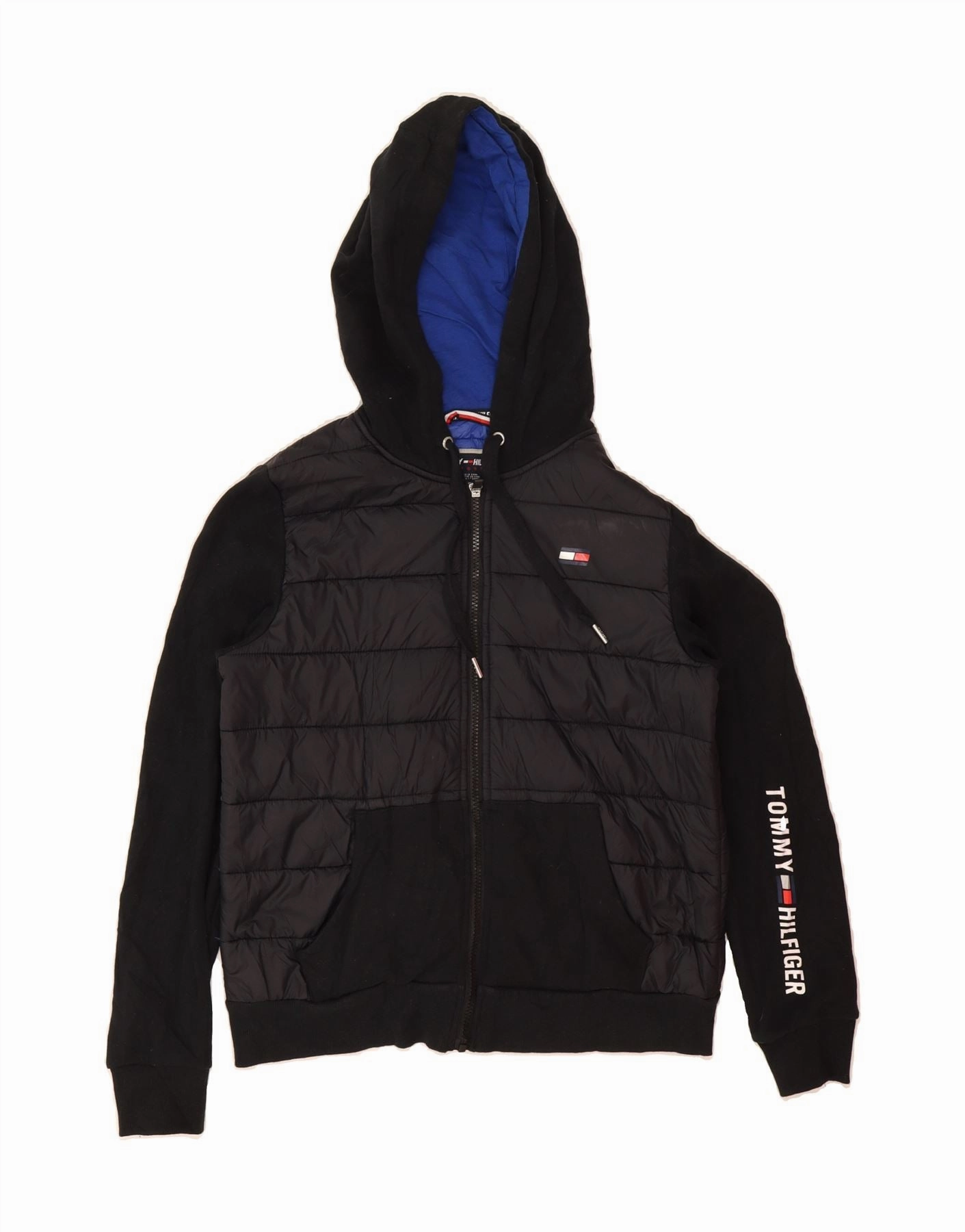 TOMMY HILFIGER Boys Graphic Padded Jacket 11-12 Years Small Black Low Bulk Design Hooded Storage Compartment