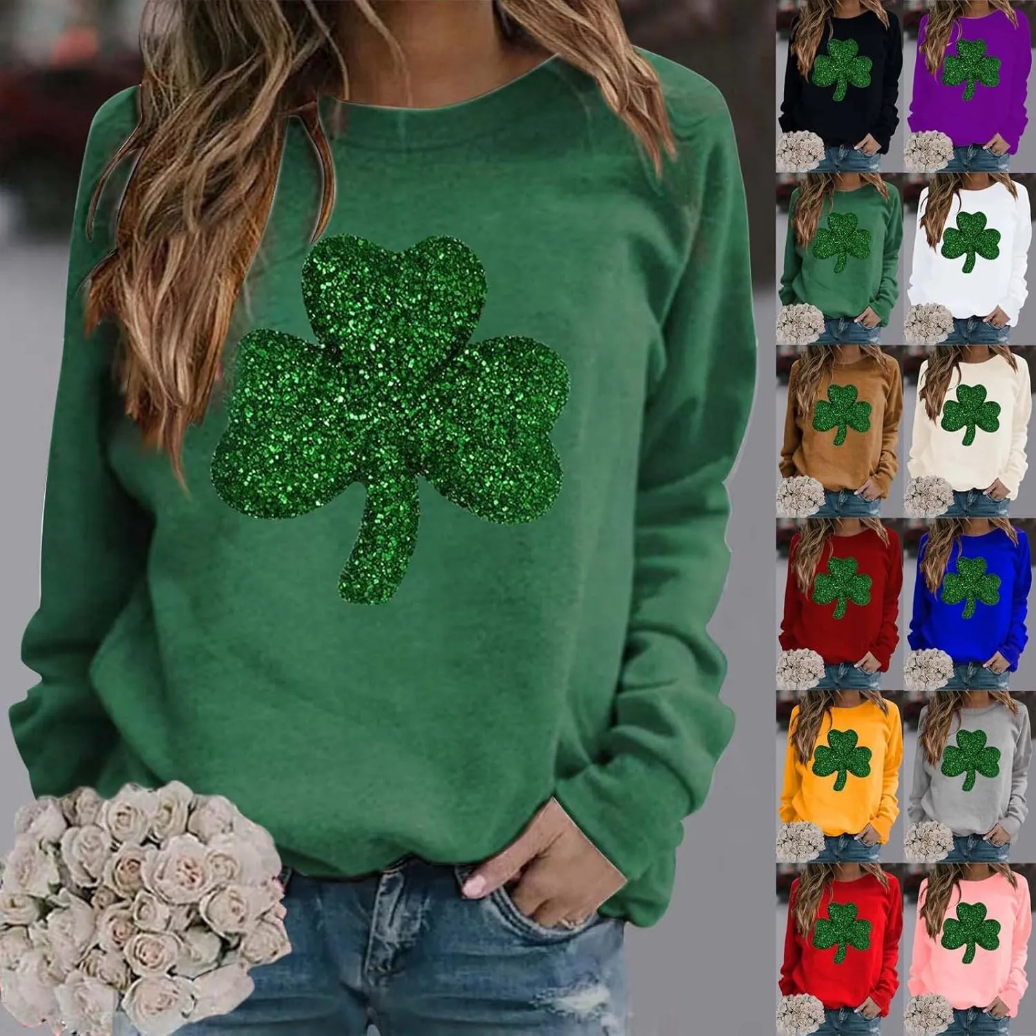 Miyaomn Womens St. Patrick's Day Sweatshirt Long Sleeve Sparkly Shamrock Crew Neck Lucky Leaf Clover Pullover Loose Fit Tops