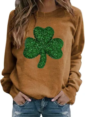 Miyaomn Womens St. Patrick's Day Sweatshirt Long Sleeve Sparkly Shamrock Crew Neck Lucky Leaf Clover Pullover Loose Fit Tops
