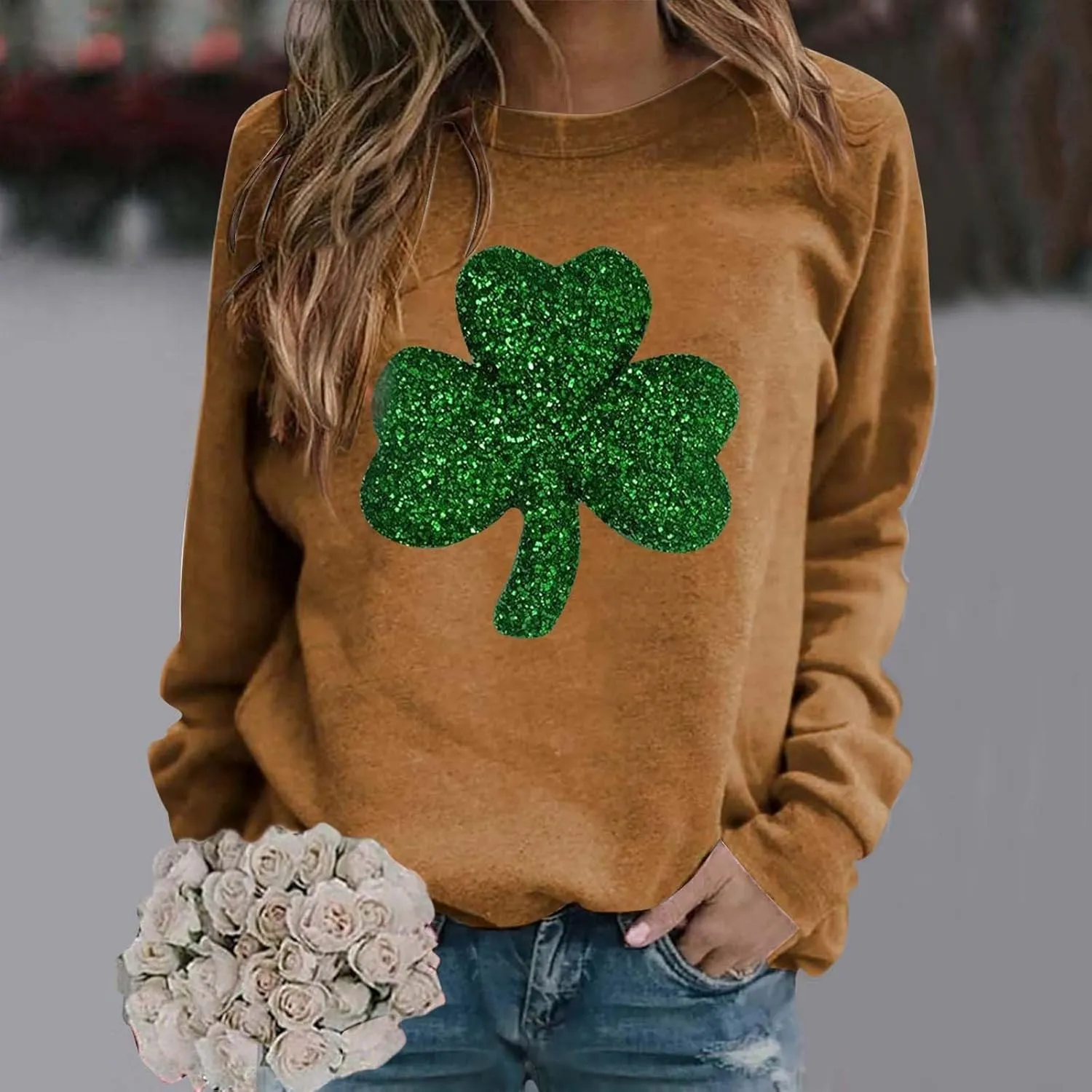 Miyaomn Womens St. Patrick's Day Sweatshirt Long Sleeve Sparkly Shamrock Crew Neck Lucky Leaf Clover Pullover Loose Fit Tops