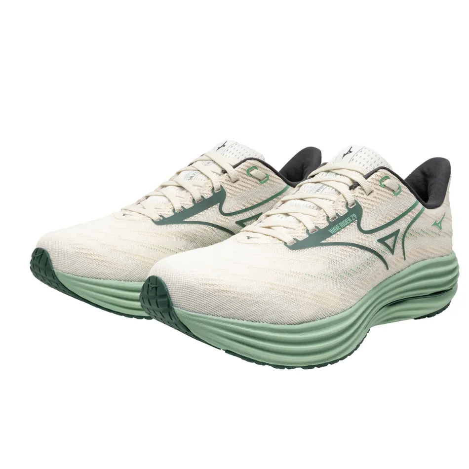 Mizuno Men's Wave Rider 29 Running Shoes in Snow White/Bistro Green/Cr??me De Menthe AW25 Memory Foam Ankle Support Contoured Ankle Collar