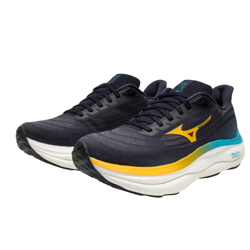 Mizuno Men's Wave Sky 9 Running Shoes in Baritone Blue/Citrus/Capri Breeze AW25 graceful - running flat - terrain running
