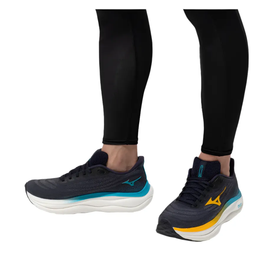 Mizuno Men's Wave Sky 9 Running Shoes in Baritone Blue/Citrus/Capri Breeze AW25 Enhanced Cushioning Lightweight Protective Overlays