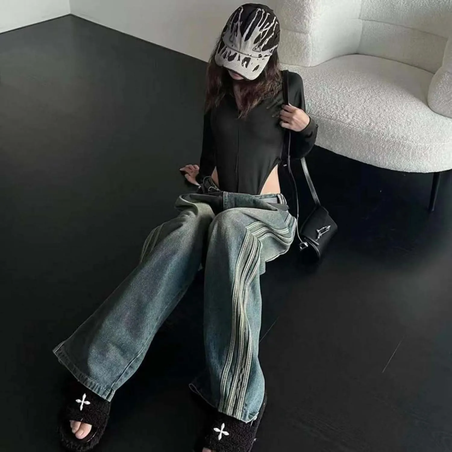 MLAFE Women's Loose Fit Jeans Wide Leg Jeans Women's High Waisted Wide Leg Print Casual Baggy Jeans Denim Pants
