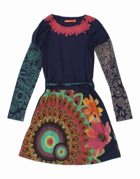 Balanced Tone Button-Cuff DESIGUAL Girls Graphic Long Sleeve A-Line Dress 11-12 Years Navy Blue