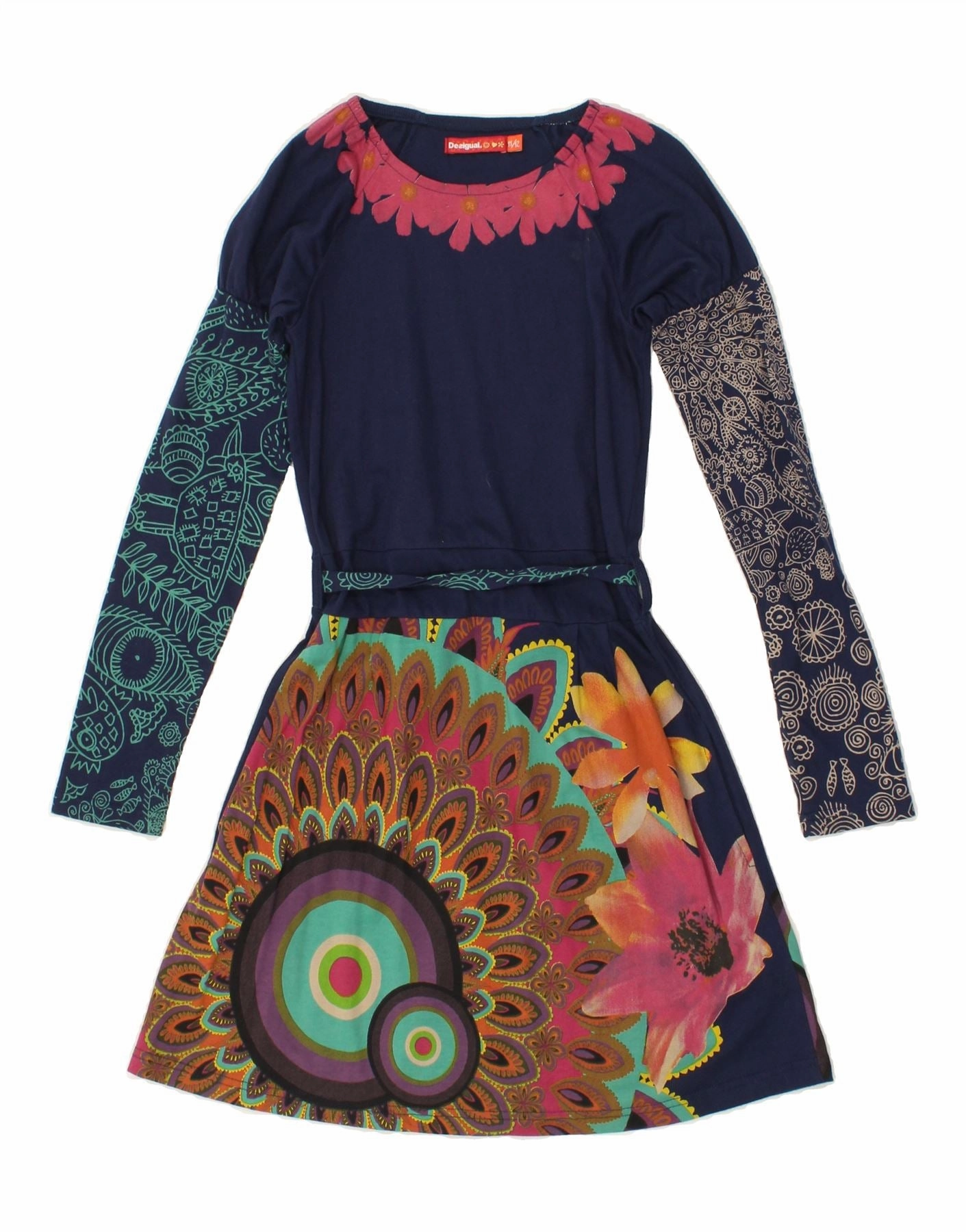 Balanced Tone Button-Cuff DESIGUAL Girls Graphic Long Sleeve A-Line Dress 11-12 Years Navy Blue