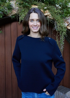 Moisture Wicking Technology Comfy Touch MODANE - Ponte Knit Wool Sweater with Shoulder Accents (NAVY)