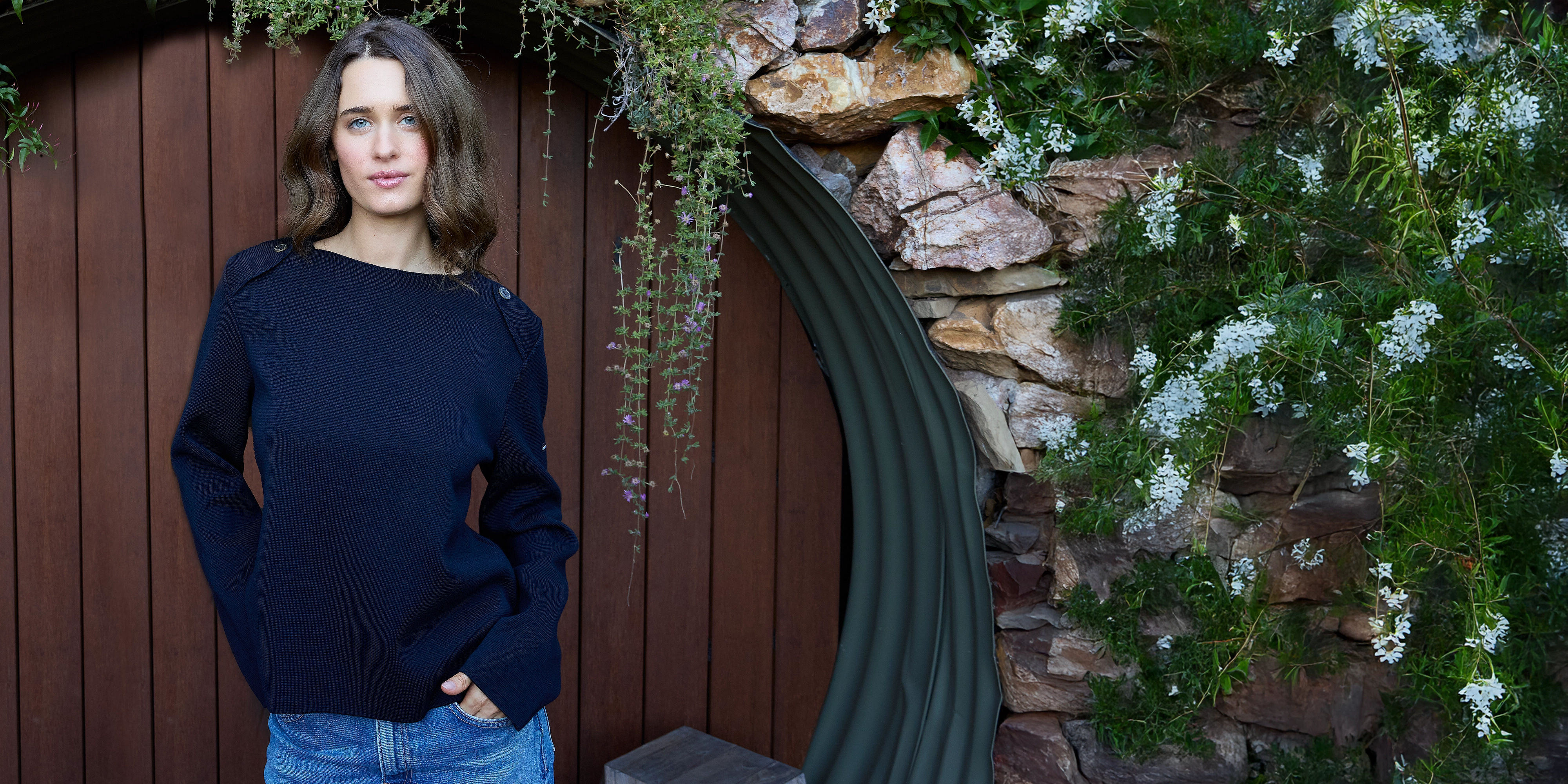 Odor Control Technology Comfortable fit MODANE - Ponte Knit Wool Sweater with Shoulder Accents (NAVY)