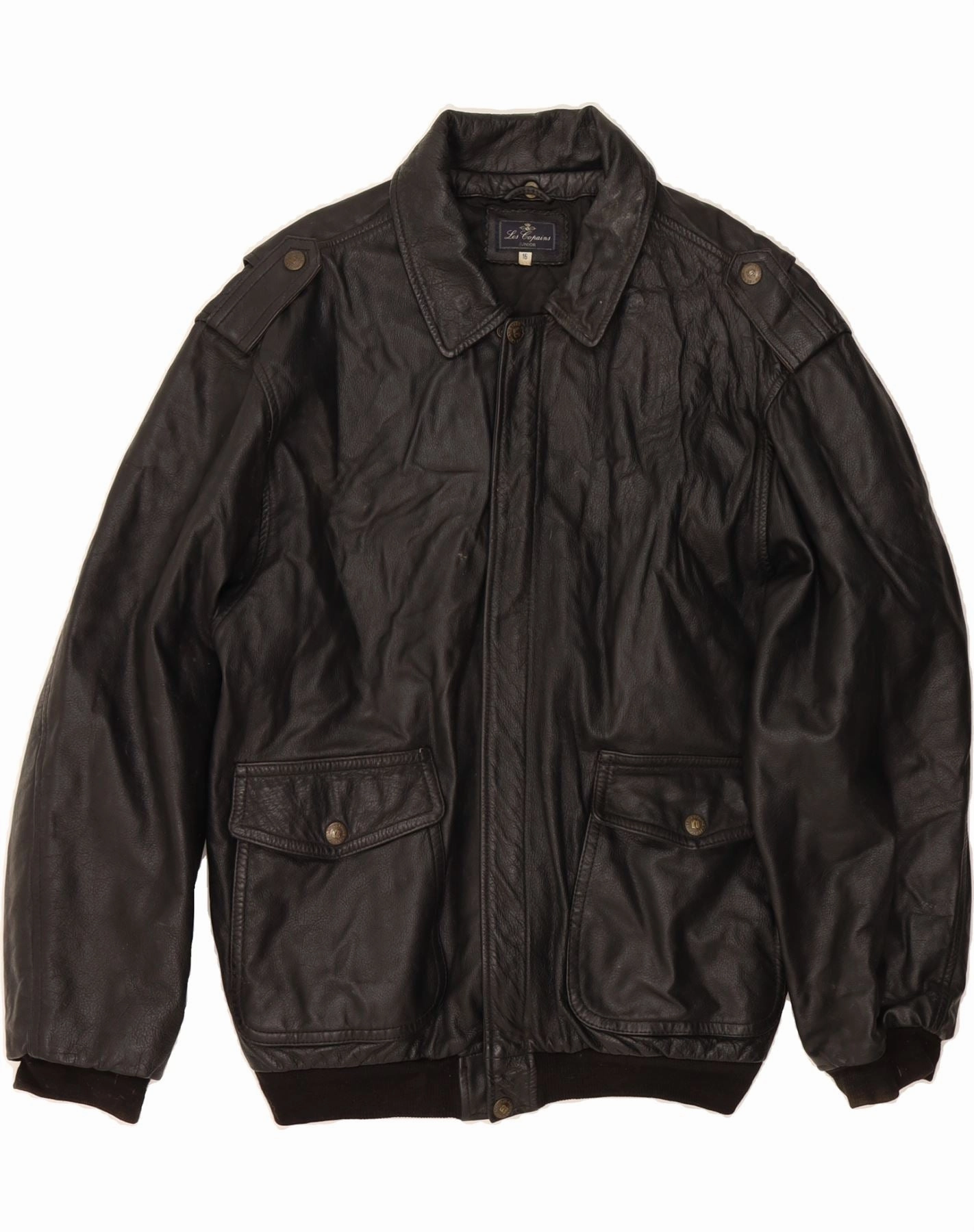 LES COPAINS Boys Leather Jacket 15-16 Years Black Leather Internal Security Pocket Alpine Style