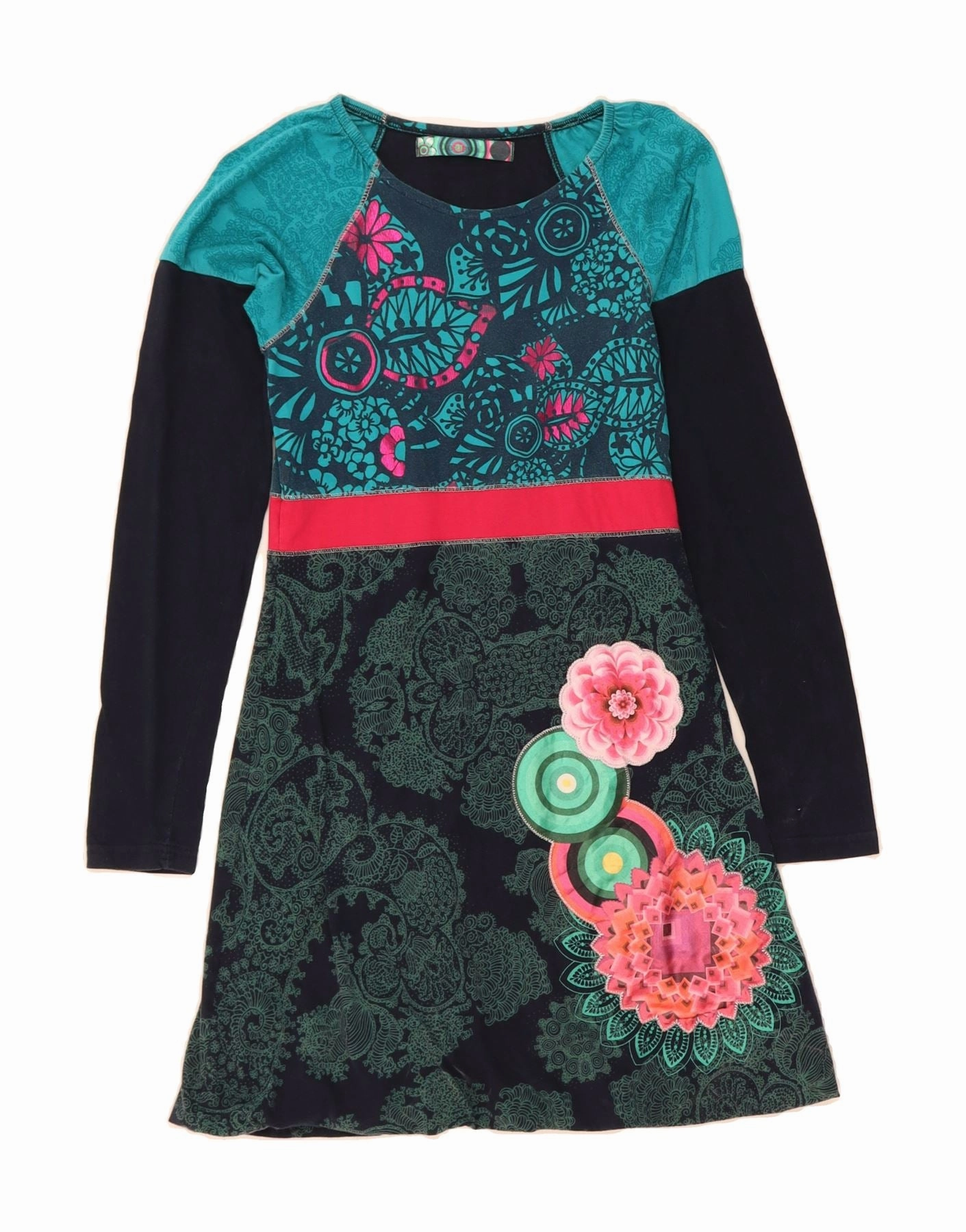 Semi Fit Trendy Vibe DESIGUAL Girls Graphic Long Sleeve A-Line Dress 13-14 Years Blue Paisley