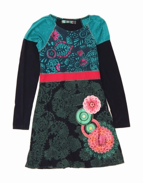 Semi Fit Trendy Vibe DESIGUAL Girls Graphic Long Sleeve A-Line Dress 13-14 Years Blue Paisley
