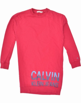 CALVIN KLEIN Girls Long Sleeve Sweatshirt Dress 9-10 Years Pink Cotton Button-front