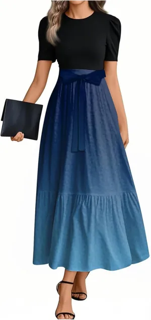 Modest Dresses for Women 2025 Puff Short Sleeve Floral Summer Church Sundress Retro Wedding Guest Dress with Belt